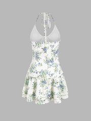 Halter V-neck Floral Layered Ruffle Hem Mini Dress