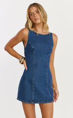 Oriana Mini Dress - Boat Neck Bow Back Dress in Dark Mid Blue Wash